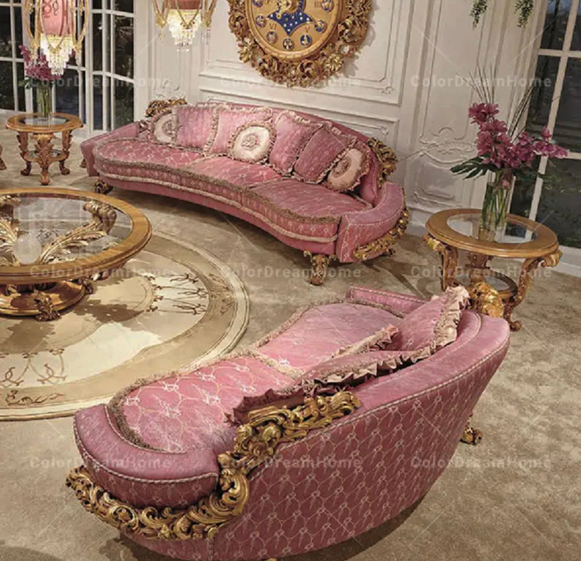 Exclusive Sectional Sofa Units Italian Luxury Carved Living Room Furniture Pink Solid Wood Baroque Design Sofa Set