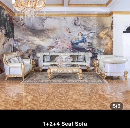 Sofa Set New Design Antique French Style Baroque White Genuine Leather Sofa Villa Hotel Living Room Sets