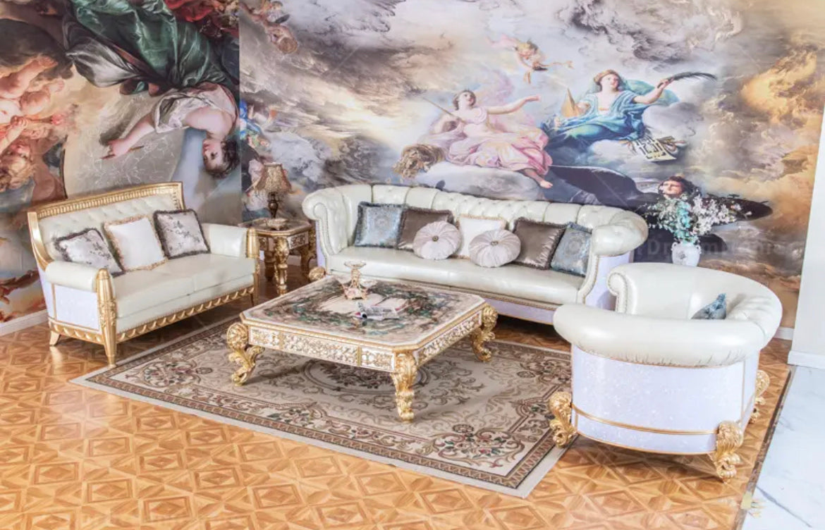 Sofa Set New Design Antique French Style Baroque White Genuine Leather Sofa Villa Hotel Living Room Sets