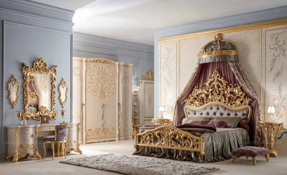 Master Bedroom French Royal Luxury Heavy Carved Bedroom Set Golden Solid Wood Baroque Design Furniture