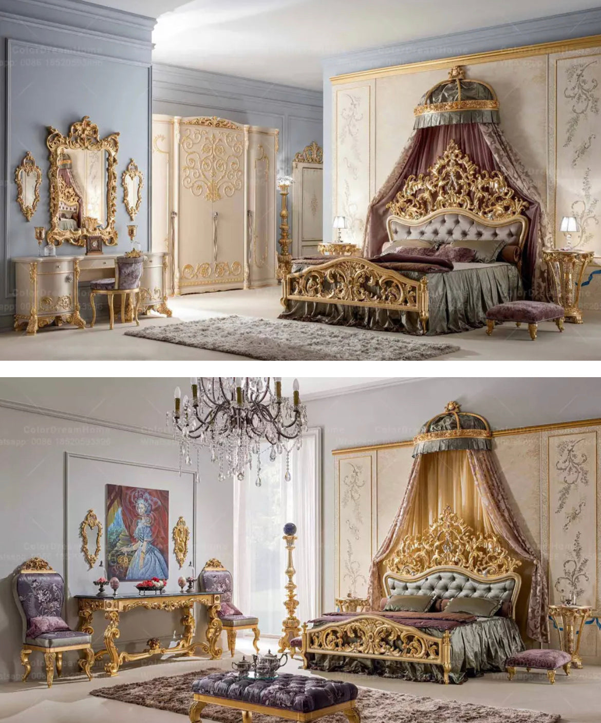 Master Bedroom French Royal Luxury Heavy Carved Bedroom Set Golden Solid Wood Baroque Design Furniture