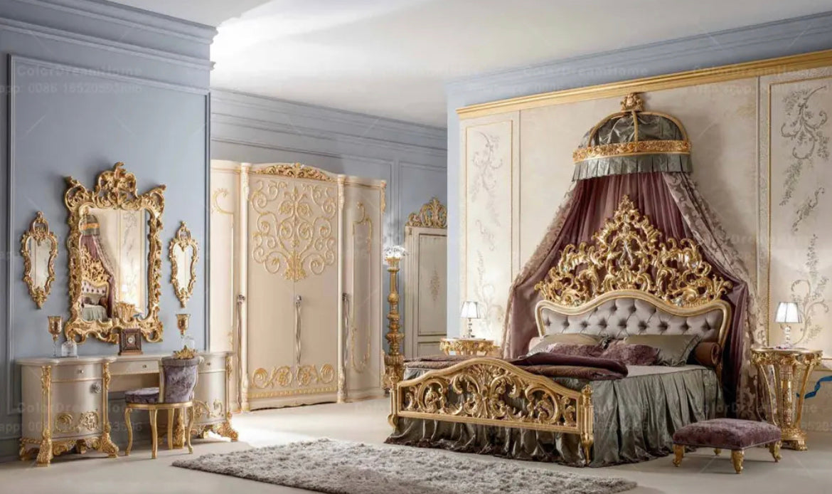 Master Bedroom French Royal Luxury Heavy Carved Bedroom Set Golden Solid Wood Baroque Design Furniture