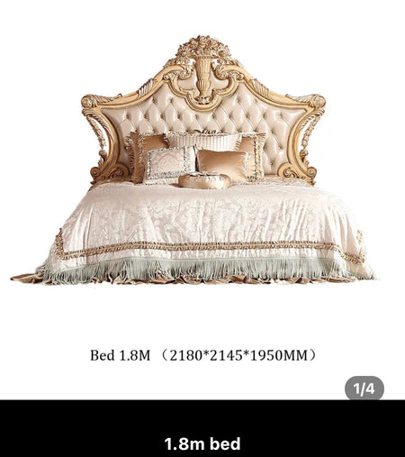 Luxury Bedroom King Size Solid Wood Leather Bed Baroque French Arabic Royal Design Bedroom Furniture Set