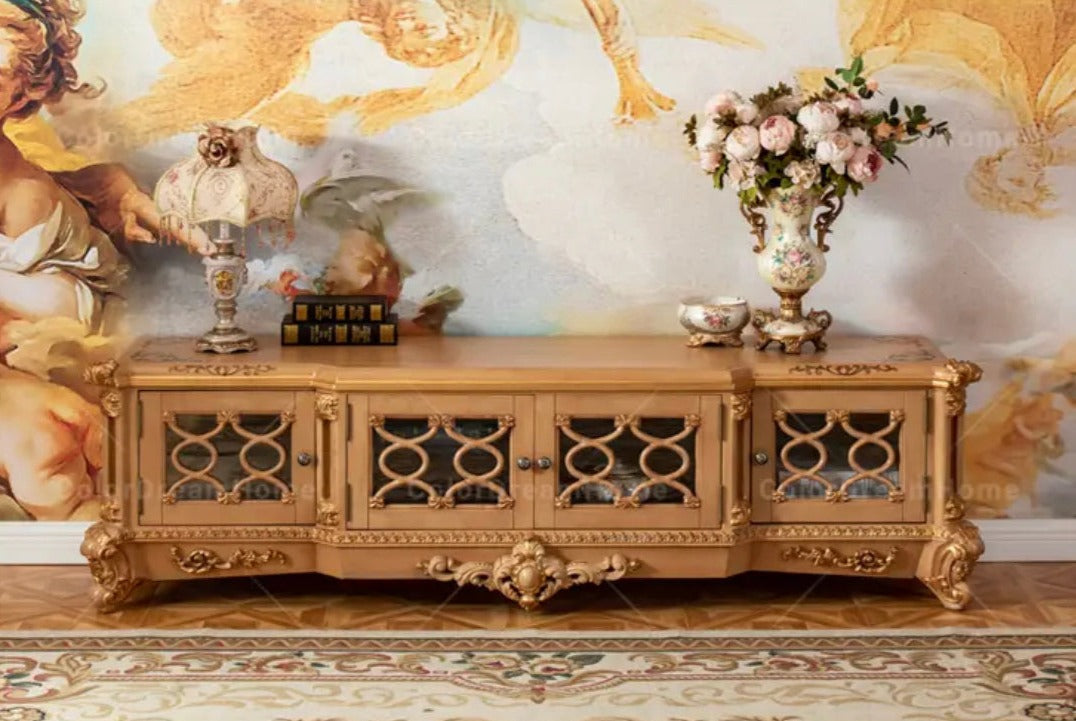 TV Lowboards Italian Luxury Solid Wood Hand Carved Baroque Style Cabinet Living Room Furniture Design