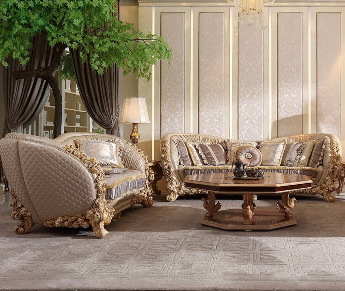 Exclusive Living Room Furniture French Style Home Hotel Baroque Wooden Sectional Luxury Leather Sofa Set