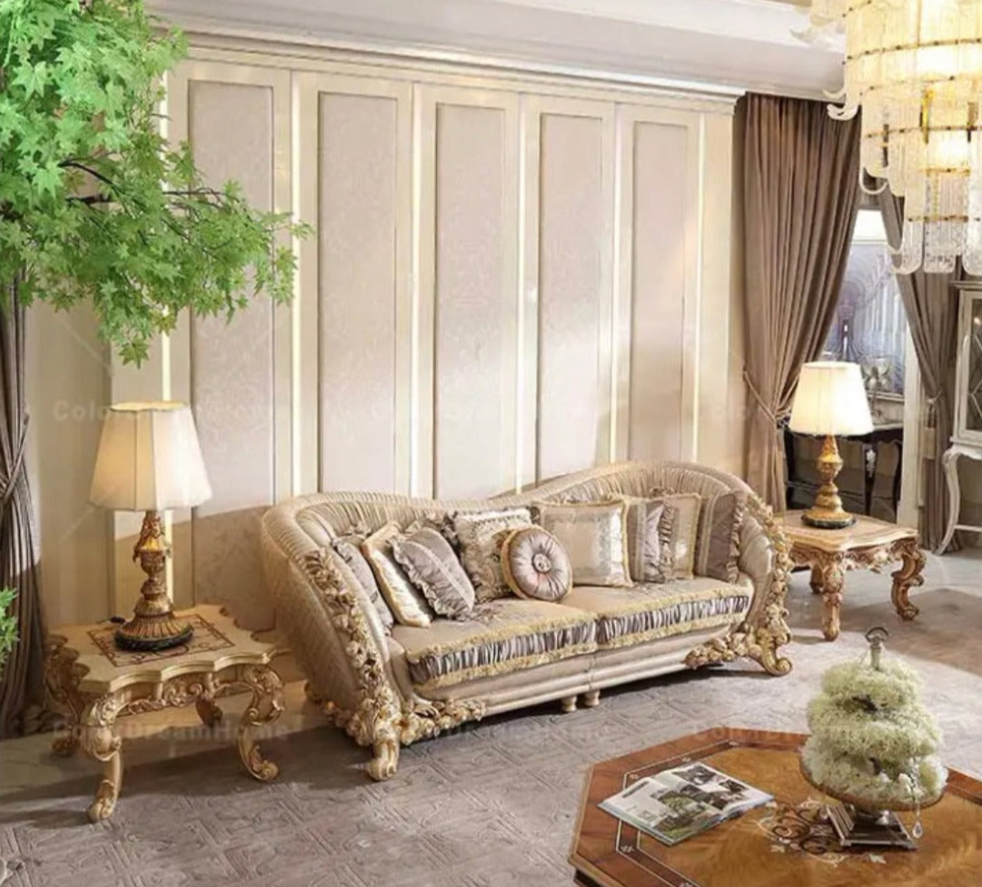 Exclusive Living Room Furniture French Style Home Hotel Baroque Wooden Sectional Luxury Leather Sofa Set