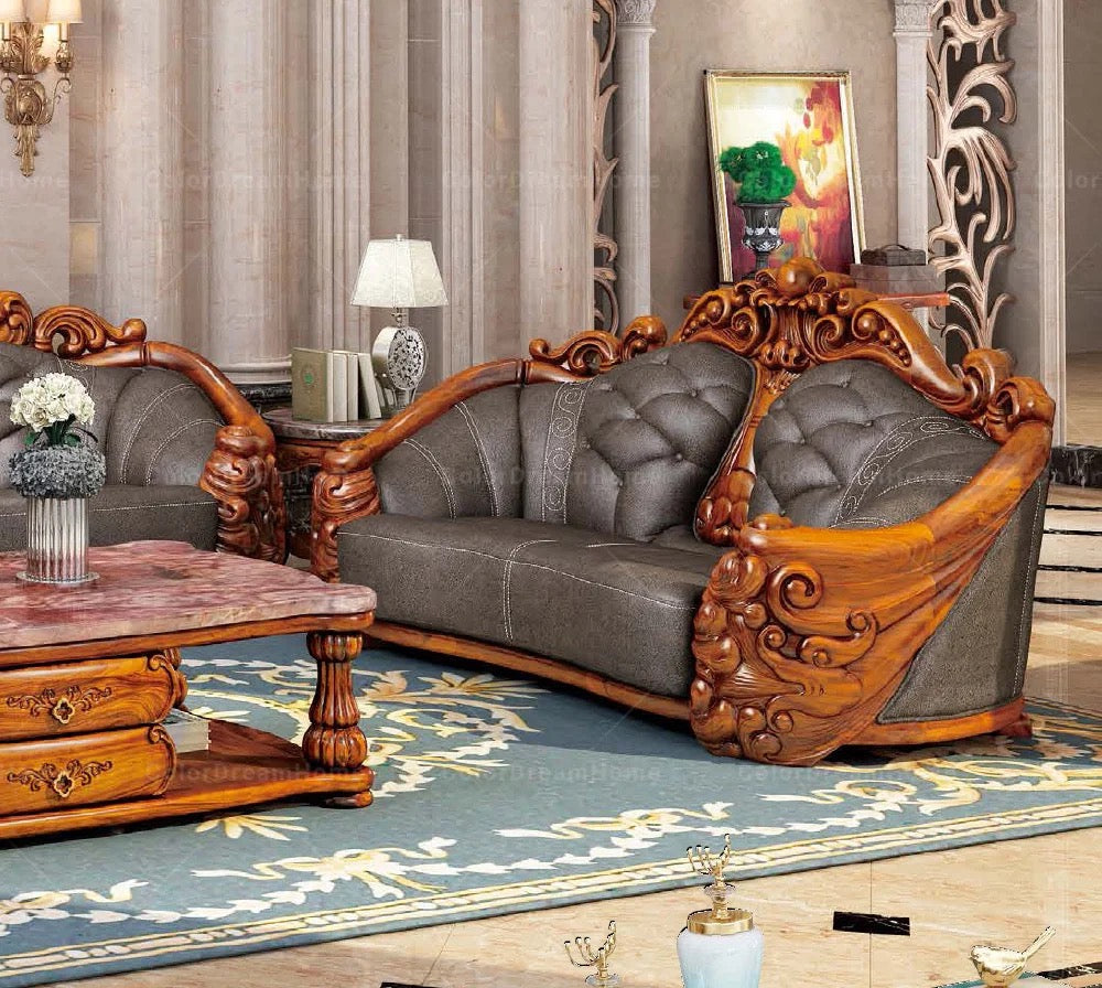 4+2+1 Sofa Ebony Sectional Luxury Grain Leather Furniture Living Room Baroque Sofa Set