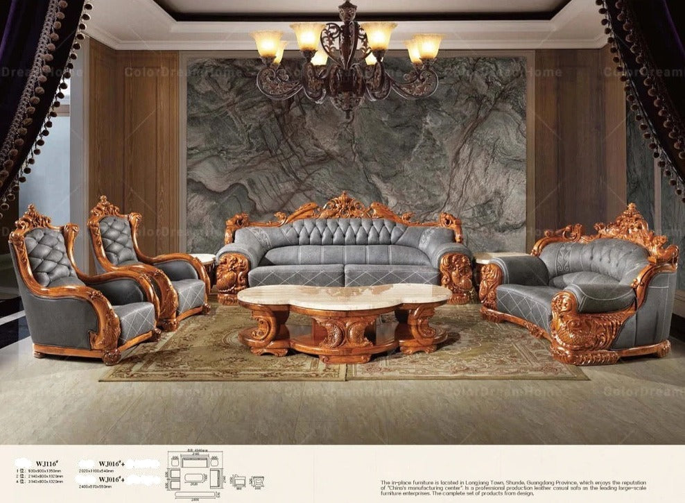 4+2+1 Sofa Ebony Sectional Luxury Grain Leather Furniture Living Room Baroque Sofa Set