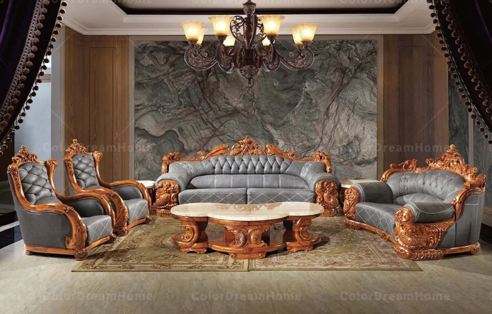 4+2+1 Sofa Ebony Sectional Luxury Grain Leather Furniture Living Room Baroque Sofa Set