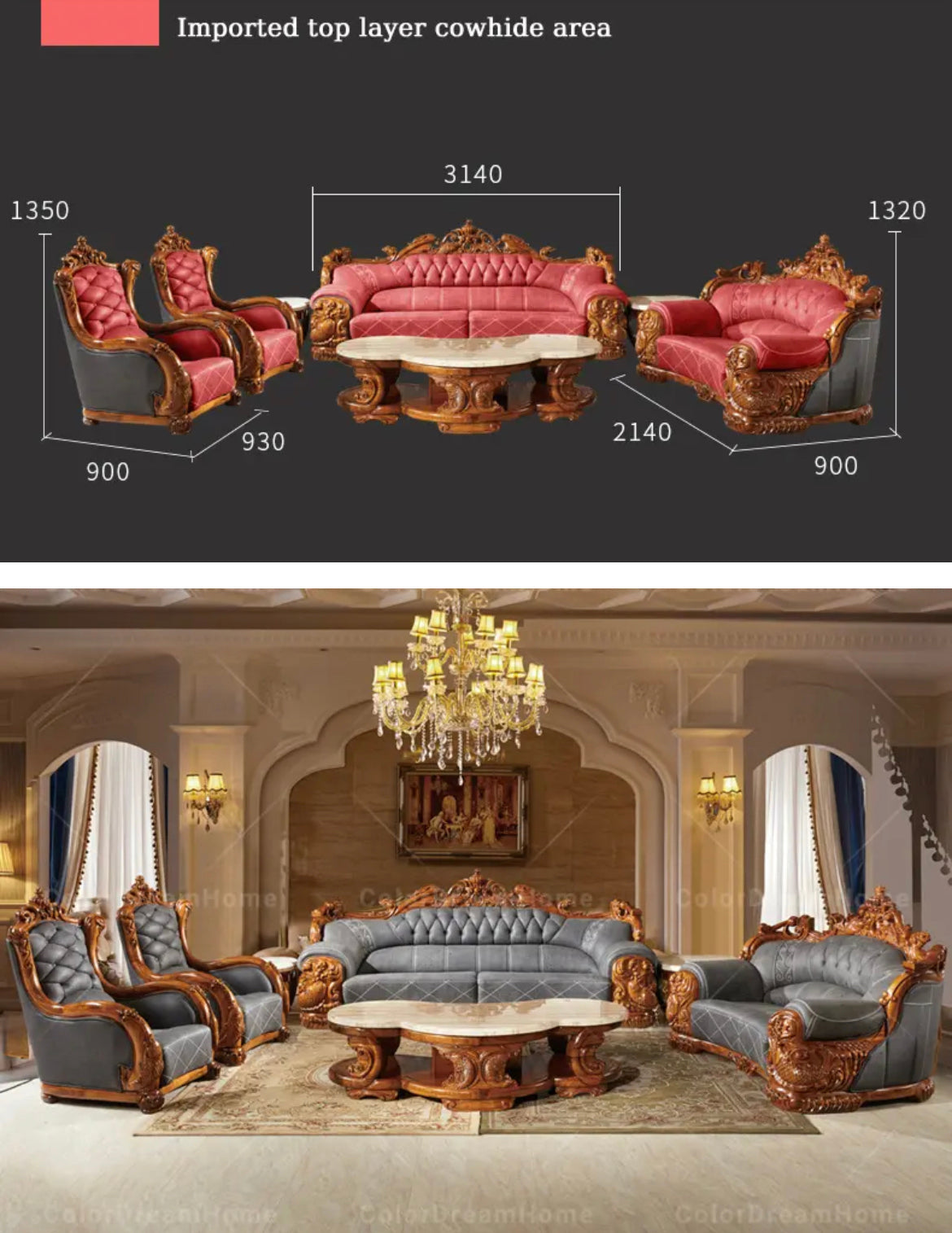 4+2+1 Sofa Ebony Sectional Luxury Grain Leather Furniture Living Room Baroque Sofa Set