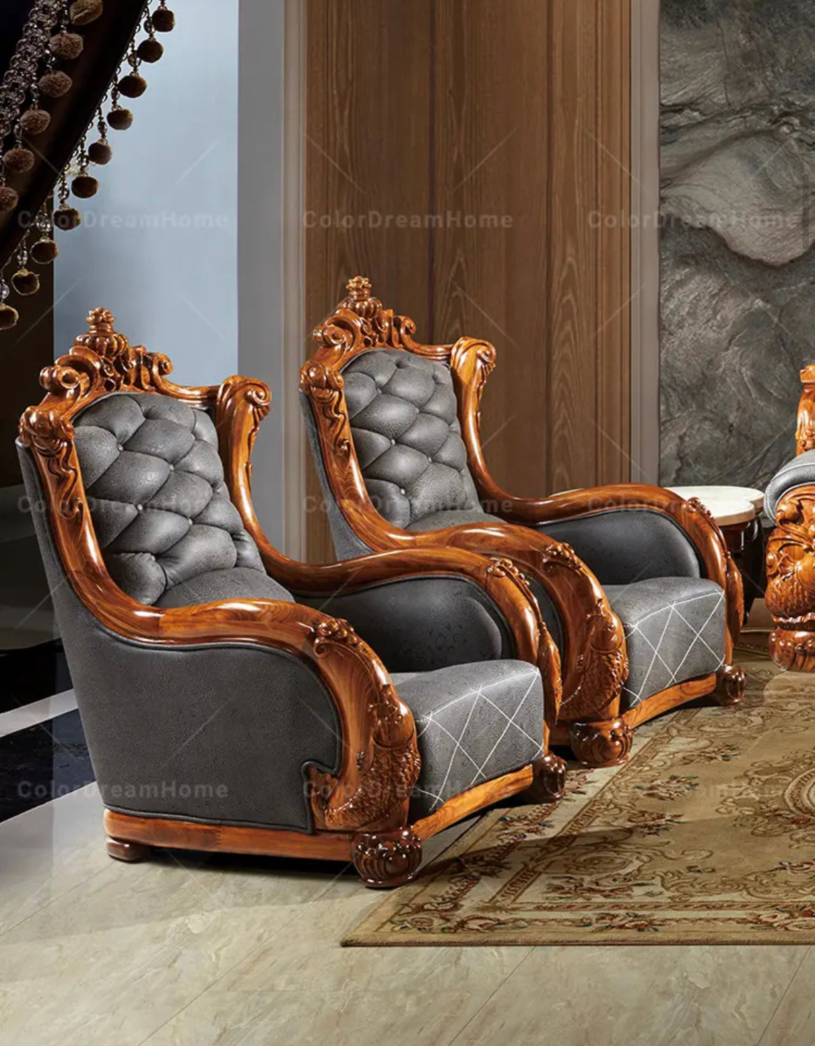 4+2+1 Sofa Ebony Sectional Luxury Grain Leather Furniture Living Room Baroque Sofa Set