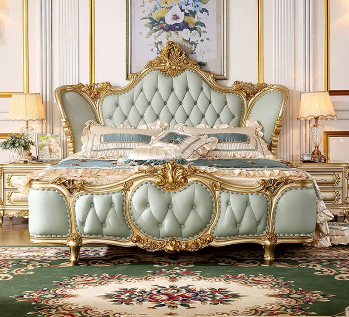 Queen Size Bed High Gloss Champagne Foil Luxury Home Furniture Barowue Design Bedroom Furniture