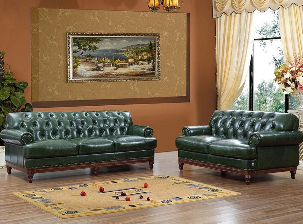 Chesterfield High-End Office Living Room Furniture With Household Dark Green Leather Sofa Set