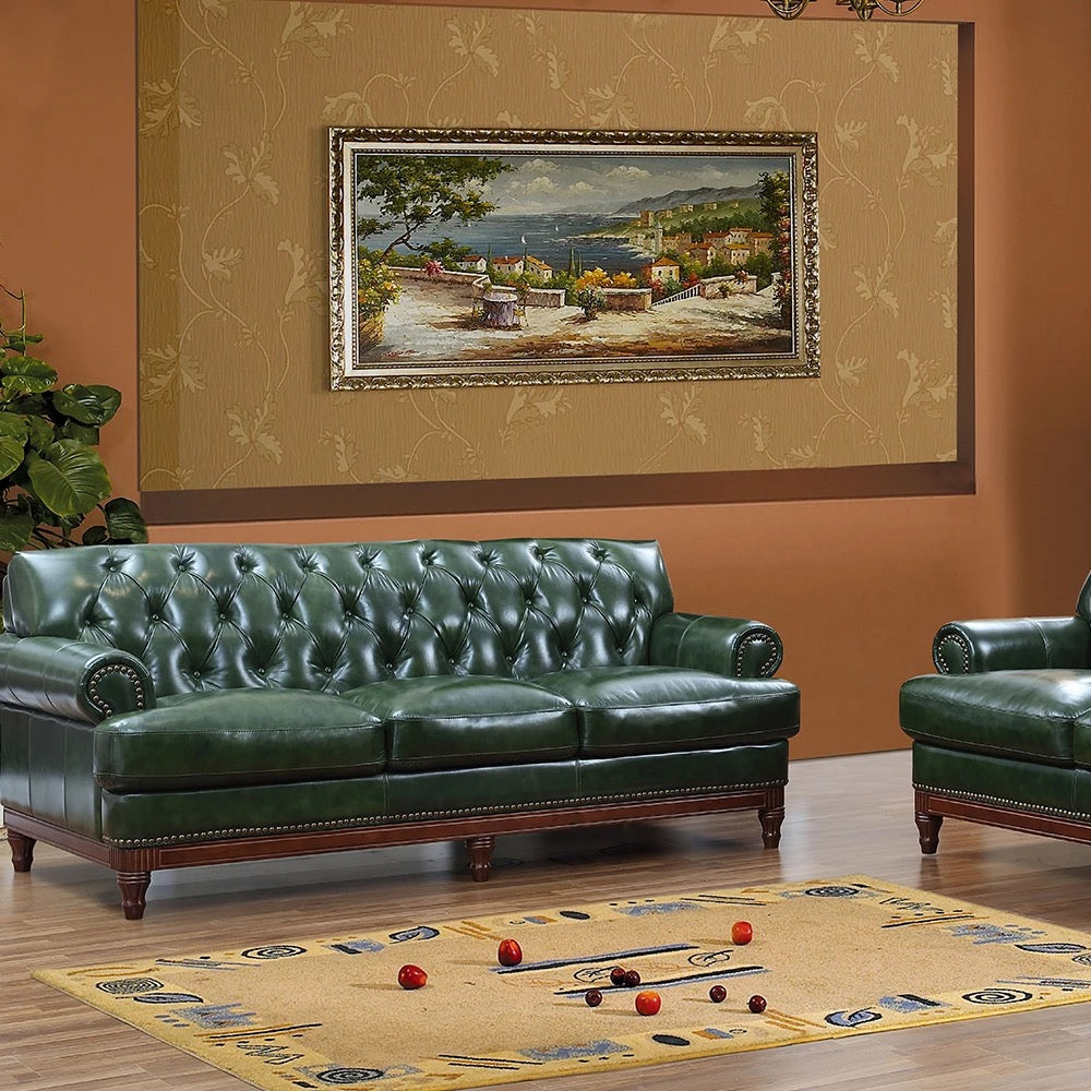 Chesterfield High-End Office Living Room Furniture With Household Dark Green Leather Sofa Set