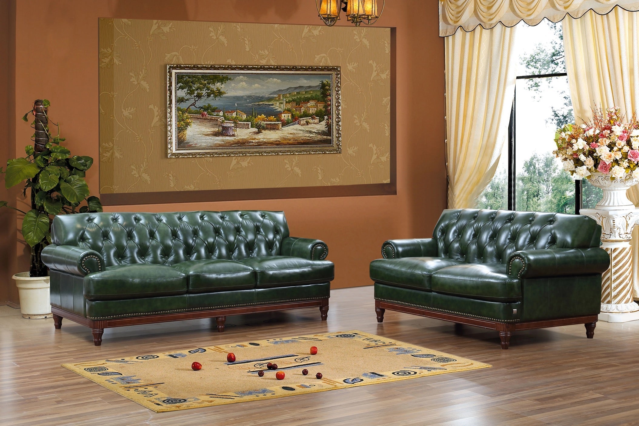 Chesterfield High-End Office Living Room Furniture With Household Dark Green Leather Sofa Set