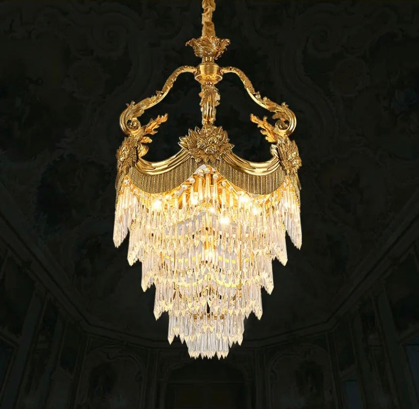 French Antique Chandelier Luxury Dewaxing All-Copper Aisle Crystal Hall Entrance Pendant Light