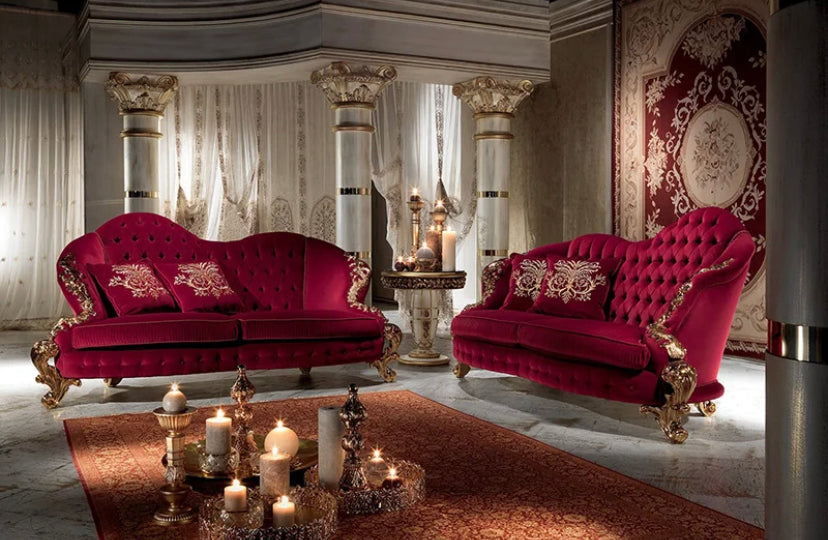 3 Seater Sofa Luxury Classic Baroque Red Velvet Salon Sofa