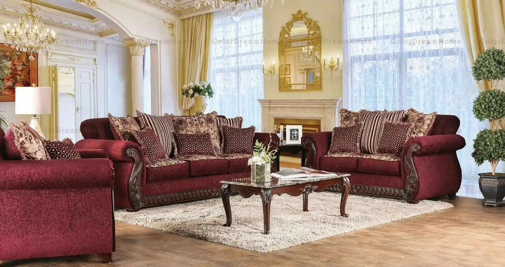 3+2+1 Sofa Set Antique Design Top Living Room Sofa European Red Fabric Sofa Set