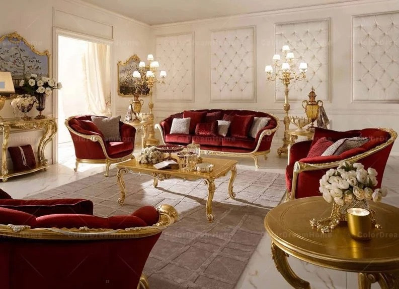 Baroque French Royal Red Velvet 3+2+1 Sofa Living Room Salon Luxury Furniture