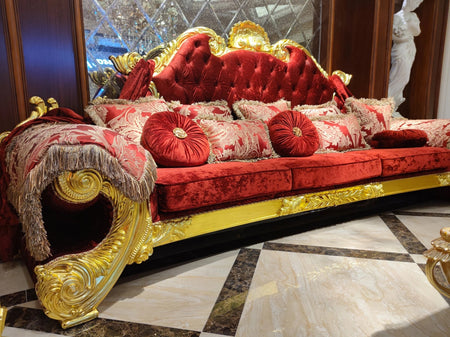 French Royal Chesterfield Luxury Couch Gold Red Living Room Wooden Baroque Sofa Set