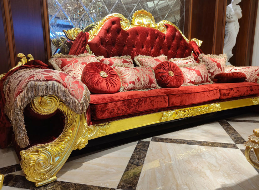 French Royal Chesterfield Luxury Couch Gold Red Living Room Wooden Baroque Sofa Set