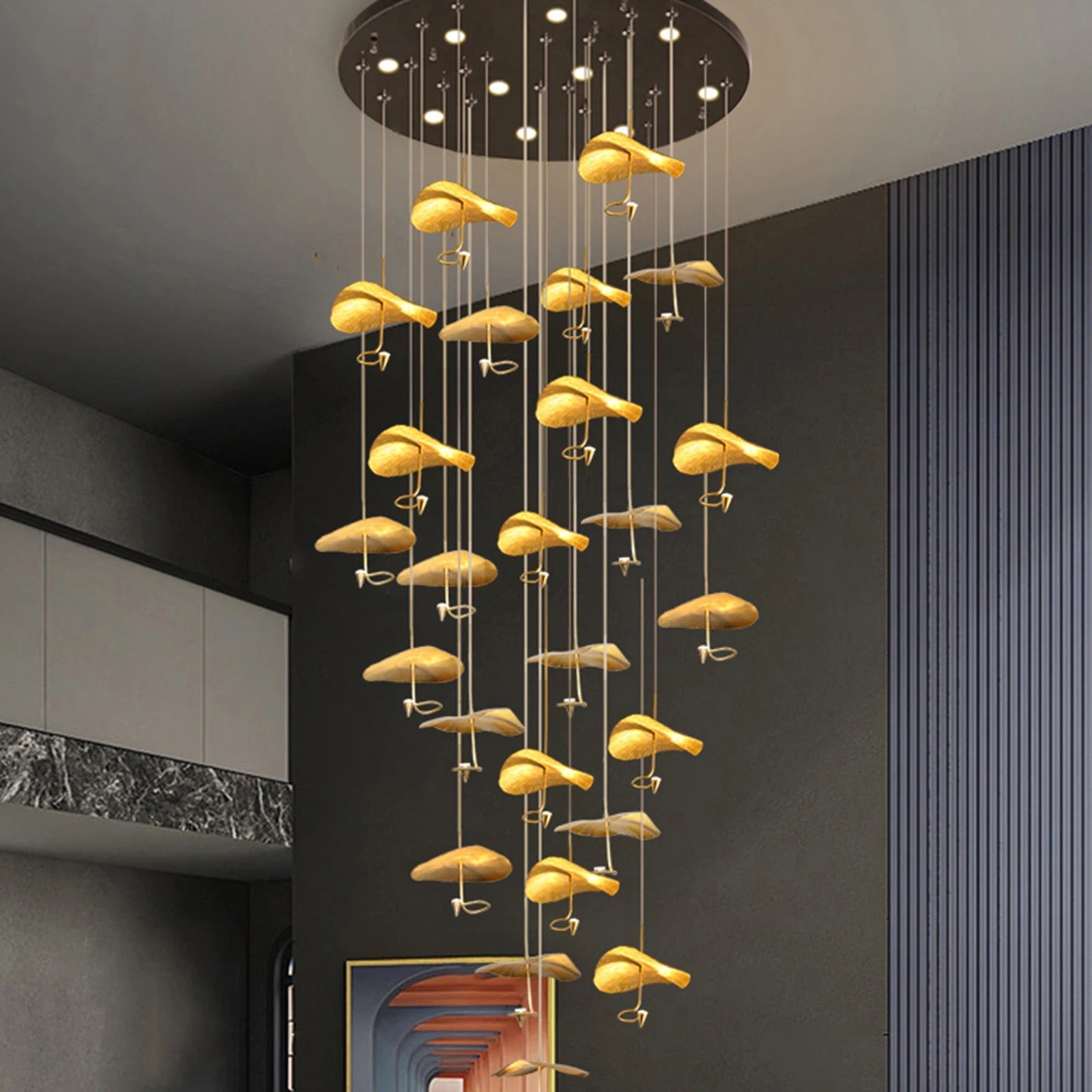 Designer Chandelier Gold Copper High Handmade Lotus Leaf Hotel, Home Staircase Duplex Hall Pendant Light