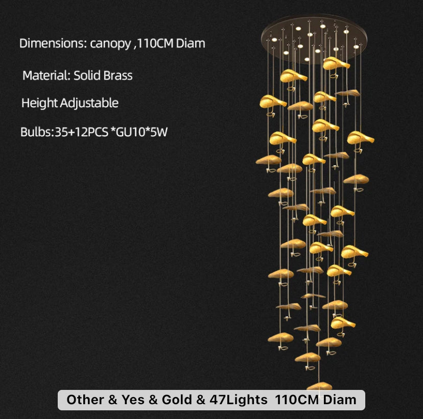 Designer Chandelier Gold Copper High Handmade Lotus Leaf Hotel, Home Staircase Duplex Hall Pendant Light