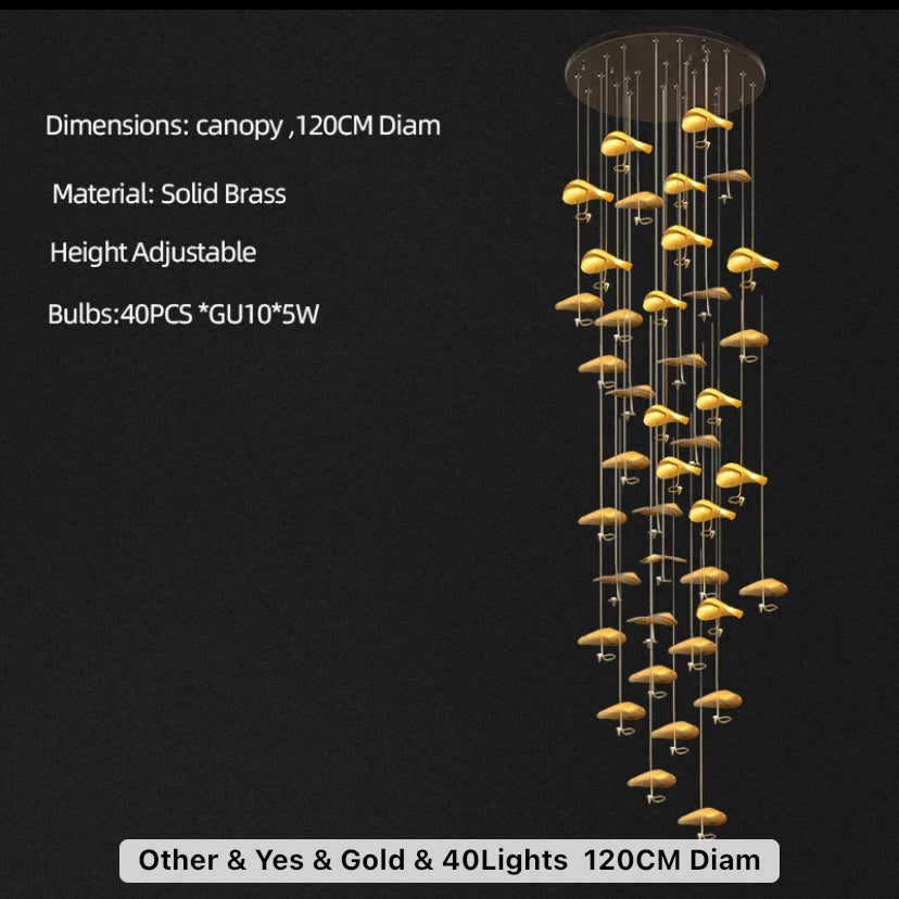 Designer Chandelier Gold Copper High Handmade Lotus Leaf Hotel, Home Staircase Duplex Hall Pendant Light