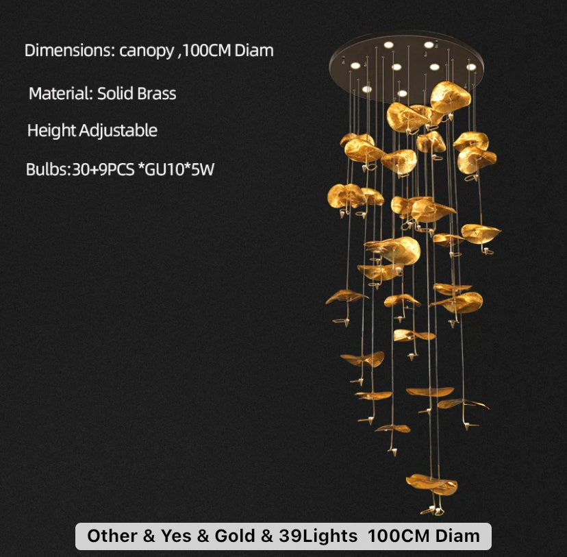 Designer Chandelier Gold Copper High Handmade Lotus Leaf Hotel, Home Staircase Duplex Hall Pendant Light