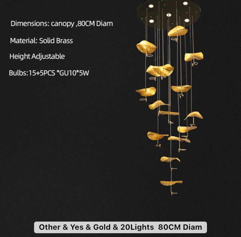 Designer Chandelier Gold Copper High Handmade Lotus Leaf Hotel, Home Staircase Duplex Hall Pendant Light