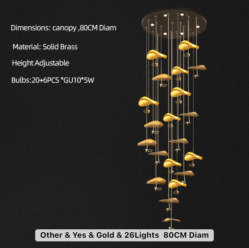 Designer Chandelier Gold Copper High Handmade Lotus Leaf Hotel, Home Staircase Duplex Hall Pendant Light