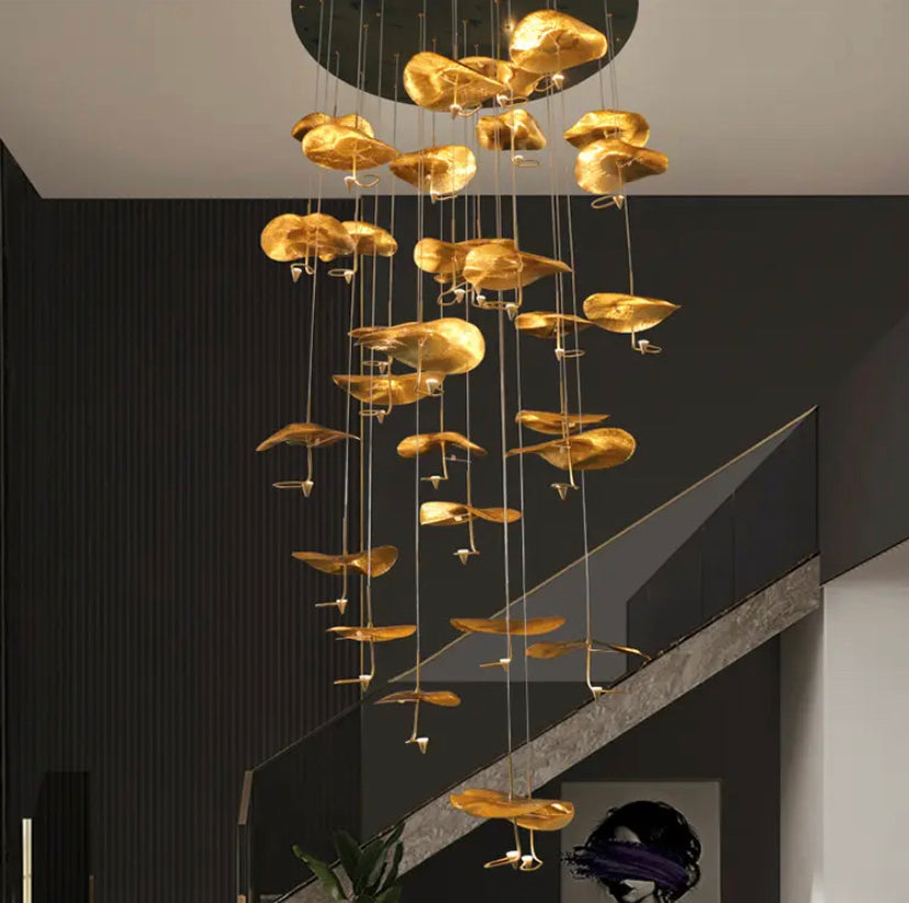 Designer Chandelier Gold Copper High Handmade Lotus Leaf Hotel, Home Staircase Duplex Hall Pendant Light