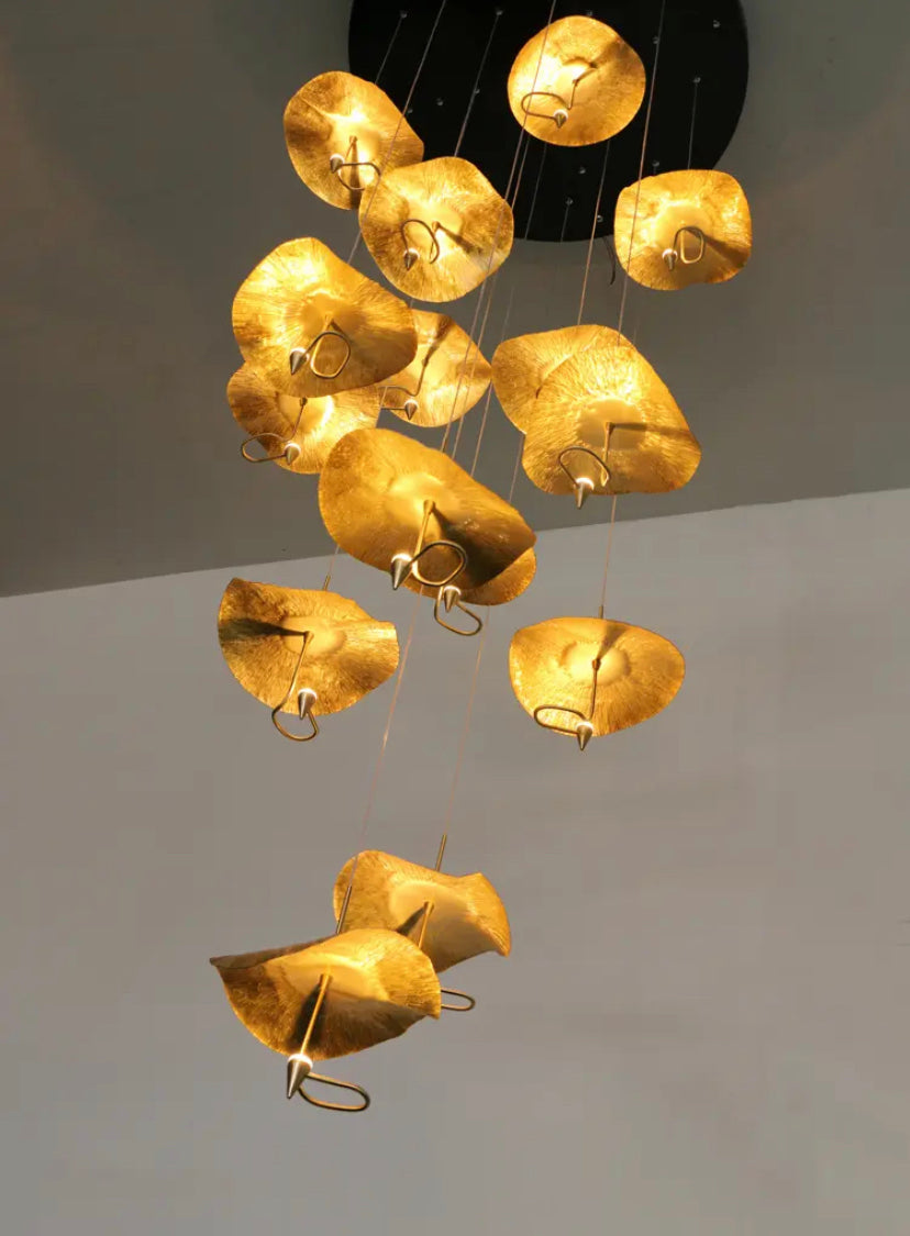 Designer Chandelier Gold Copper High Handmade Lotus Leaf Hotel, Home Staircase Duplex Hall Pendant Light