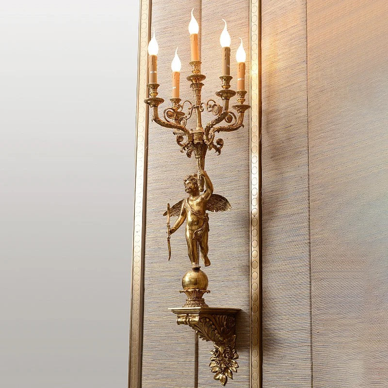 Baroque Design Sconces Angel Holding Candles Led Wall Lamp French Gilt Bronze Antique Brass E14 Lights