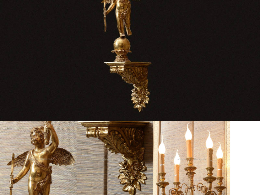 Baroque Design Sconces Angel Holding Candles Led Wall Lamp French Gilt Bronze Antique Brass E14 Lights