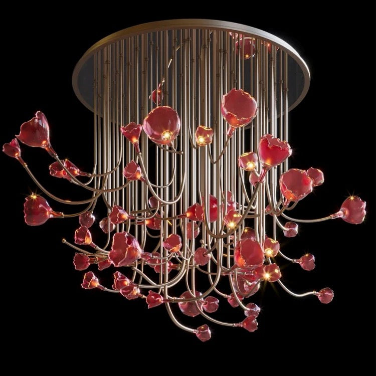 Design Chandelier Red Color Flower Pendant Light Banquet Hall Home Lobby Staircase Decorative Chandelier