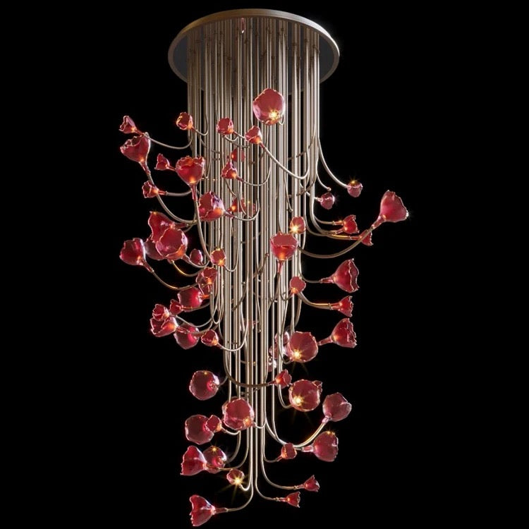 Design Chandelier Red Color Flower Pendant Light Banquet Hall Home Lobby Staircase Decorative Chandelier