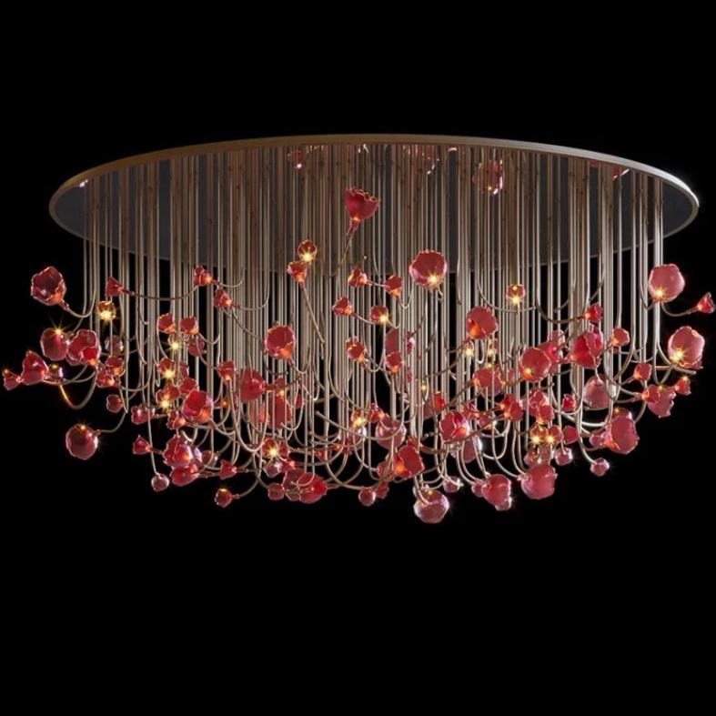 Design Chandelier Red Color Flower Pendant Light Banquet Hall Home Lobby Staircase Decorative Chandelier