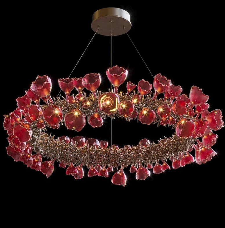 Design Chandelier Red Color Flower Pendant Light Banquet Hall Home Lobby Staircase Decorative Chandelier