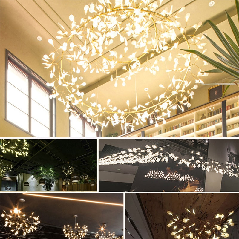 Chandelier Firefly LED Light Stylish Tree Branch Metal Round Living Room Lights Chandeliers