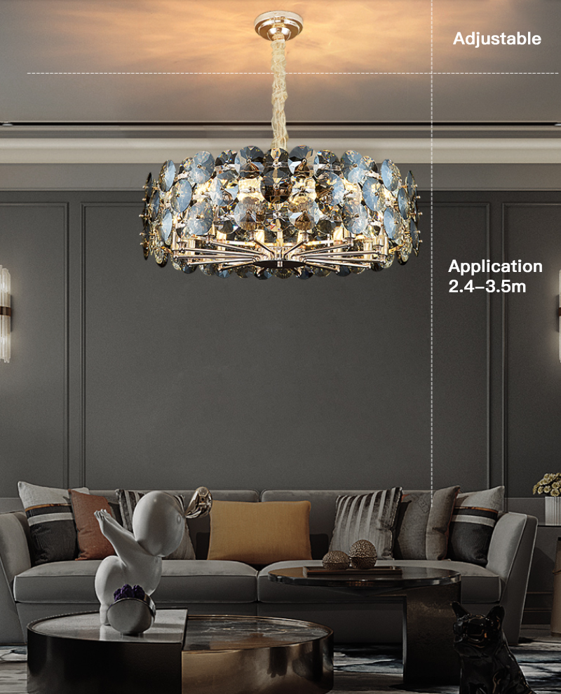 Chandelier Lighting For Living Room Smoke Gray Crystal Lamps Round Chains Chandeliers