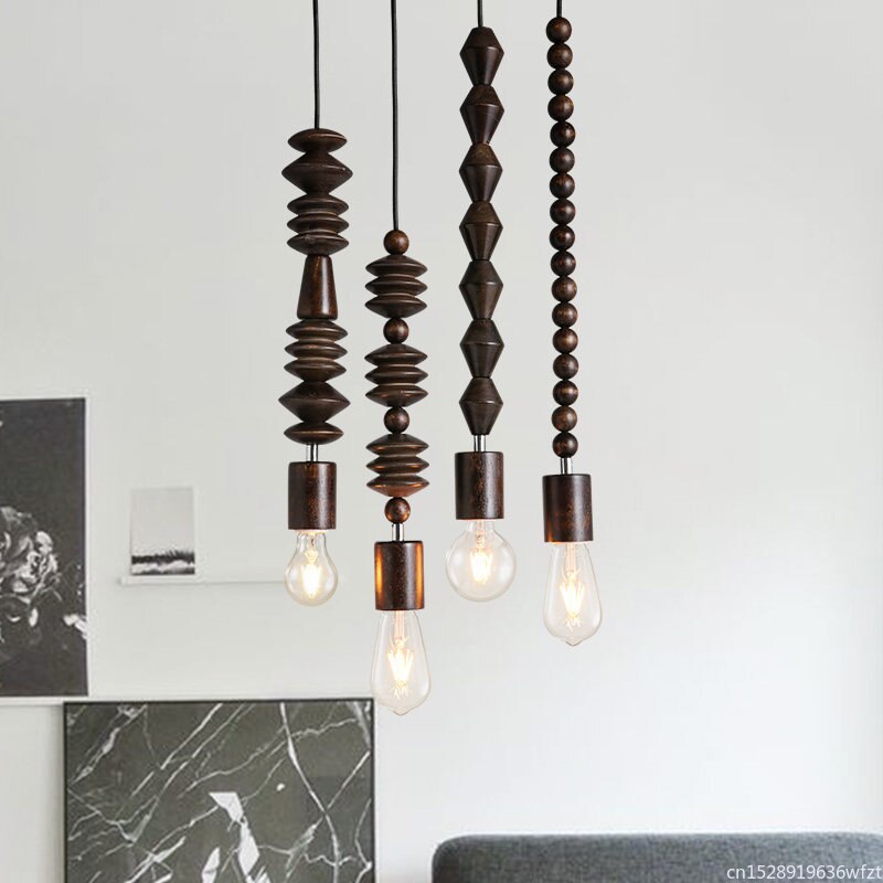 Pendant Light Retro Wooden Geometric Beads String Hanging Wood Pendant Lights