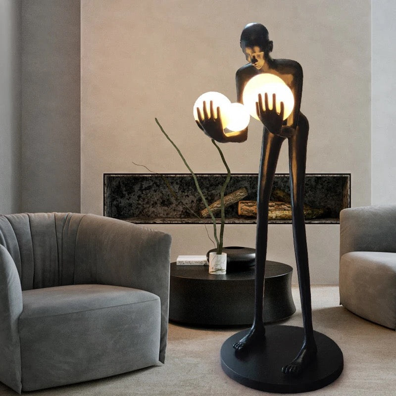 Floor Lamp Black Humanoid Holding Glass Ball Art Sculpture Floor Light