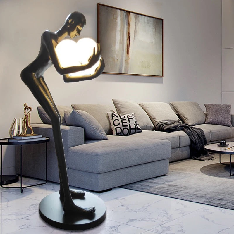 Floor Lamp Black Humanoid Holding Glass Ball Art Sculpture Floor Light