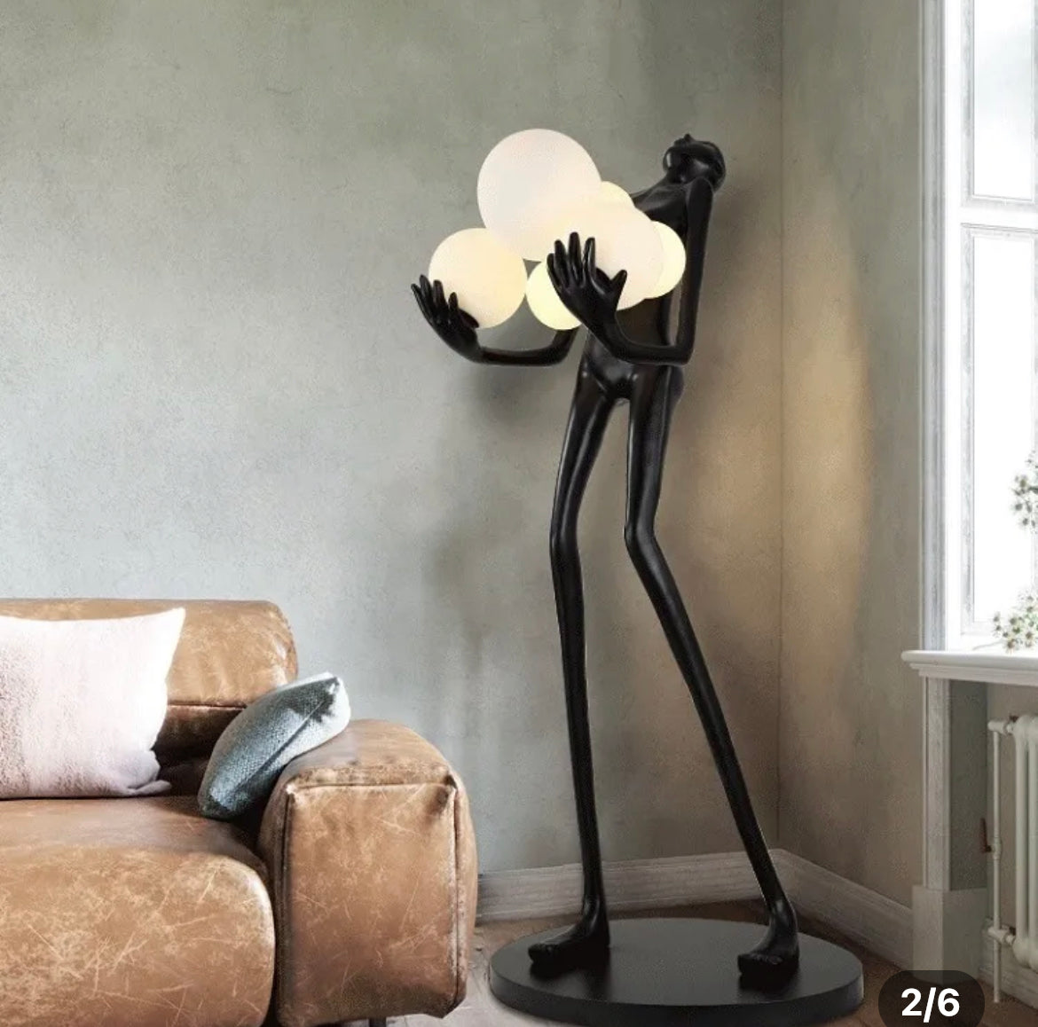 Floor Lamp Black Humanoid Holding Glass Ball Art Sculpture Floor Light