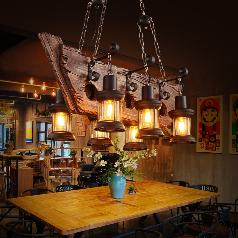 Chandelier Retro Solid Wood Hanging Vintage Old Boat Wooden Suspension indoor Pendant Lights