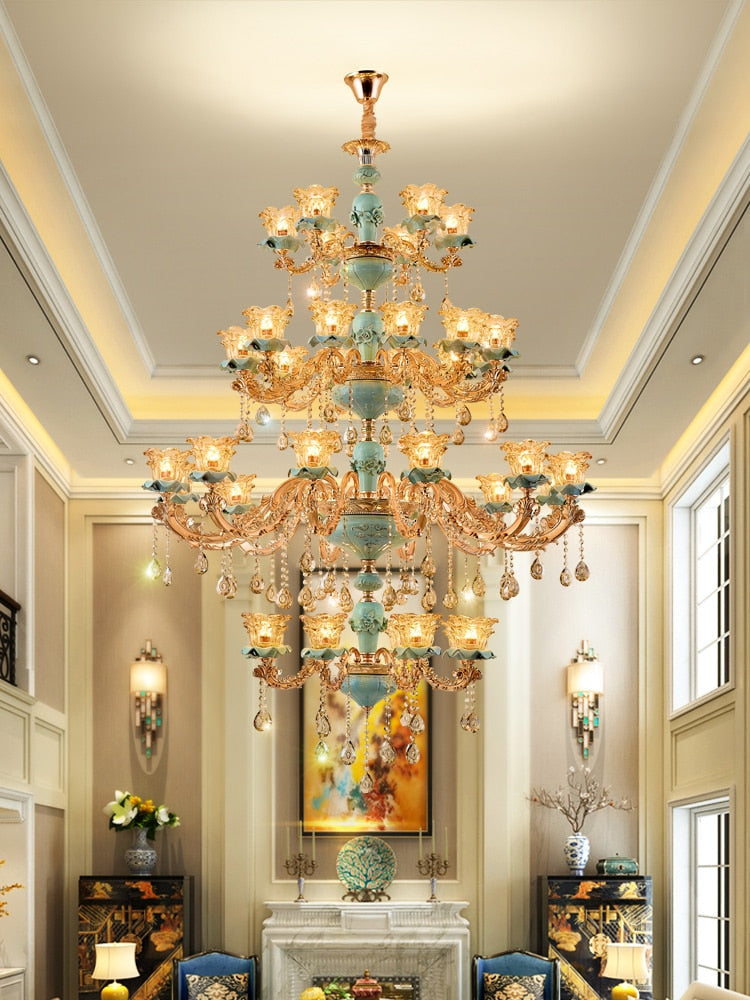 Chandelier European Style Duplex Building Crystal Lamp Ceramic Three-Story Staircase Villa Chandeliers