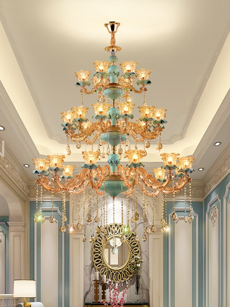 Chandelier European Style Duplex Building Crystal Lamp Ceramic Three-Story Staircase Villa Chandeliers