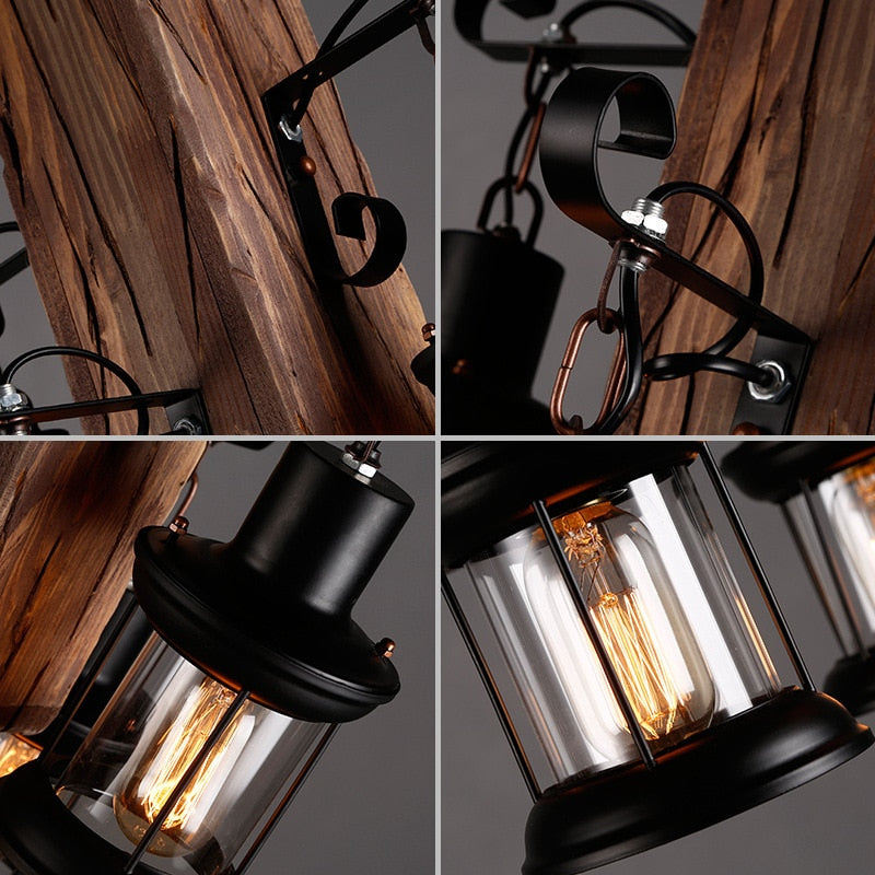 Chandelier Retro Solid Wood Hanging Vintage Old Boat Wooden Suspension indoor Pendant Lights