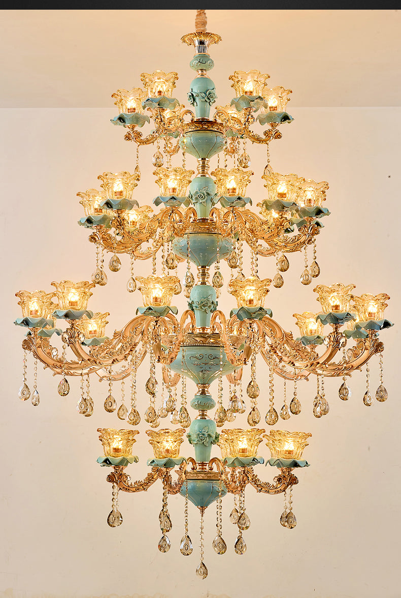 Chandelier European Style Duplex Building Crystal Lamp Ceramic Three-Story Staircase Villa Chandeliers